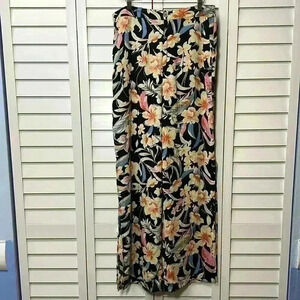 JustFab Wide Leg Open Slit Botanical Tropical Floral Pants Size XXL Black Multi